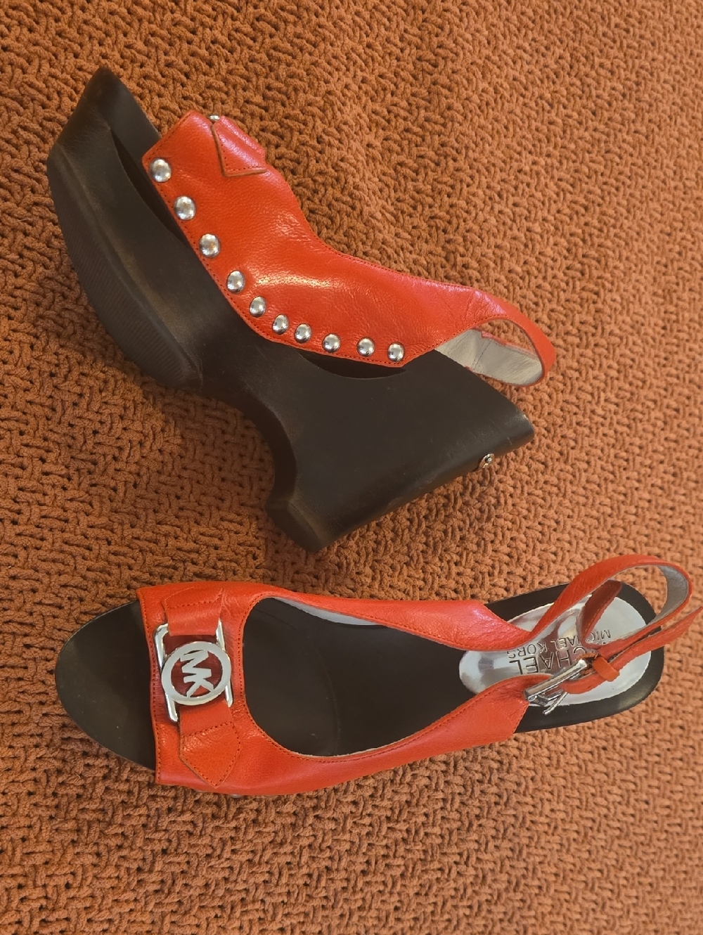 Michael Kors Red-Orange Platform Slingback Sandals with Studs